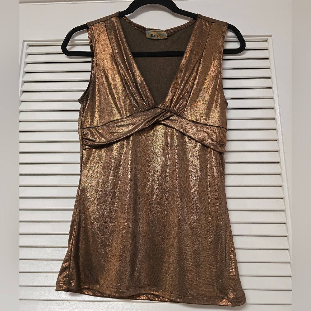 Beiza - Bronze Metallic Sleeveless Evening Lightweight Metallic Stretchy Top